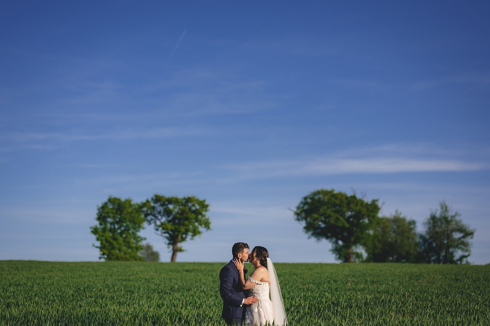 A couple together in a wide, sunlit landscape